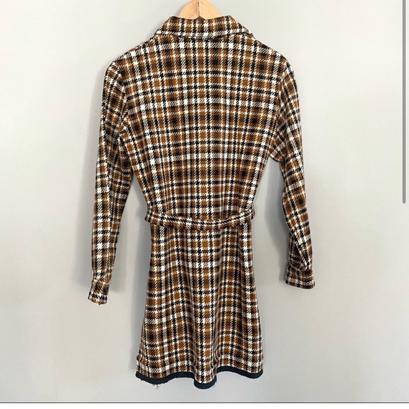Vintage 60s Brown Black Cream Plaid Mini Dress Long Sleeve Belted Go-Go Mod S - Picture 2 of 8